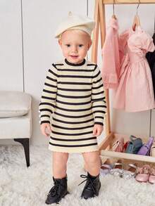 SHEIN 女嬰休閒寬鬆適合長袖圓領套頭衫條紋圖案毛衣洋裝 - 彩色 - 查看 5