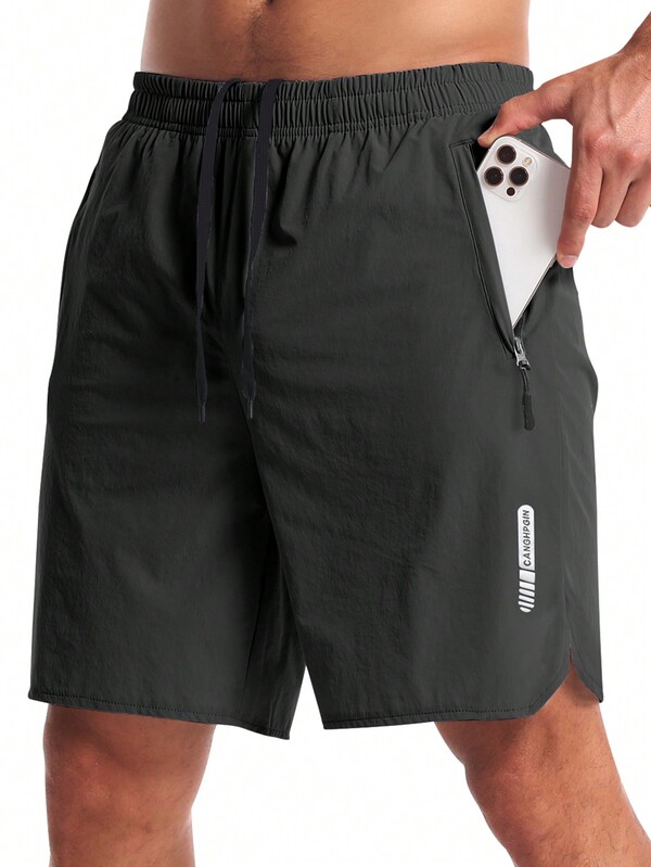 Manfinity Fitness 男款字母圖案束腰運動短褲，附手機口袋健身短褲，慢跑短褲