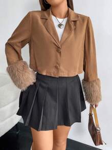 SHEIN ICON 大碼毛茸茸袖口西裝領短夾克 - 棕色 - 查看 6