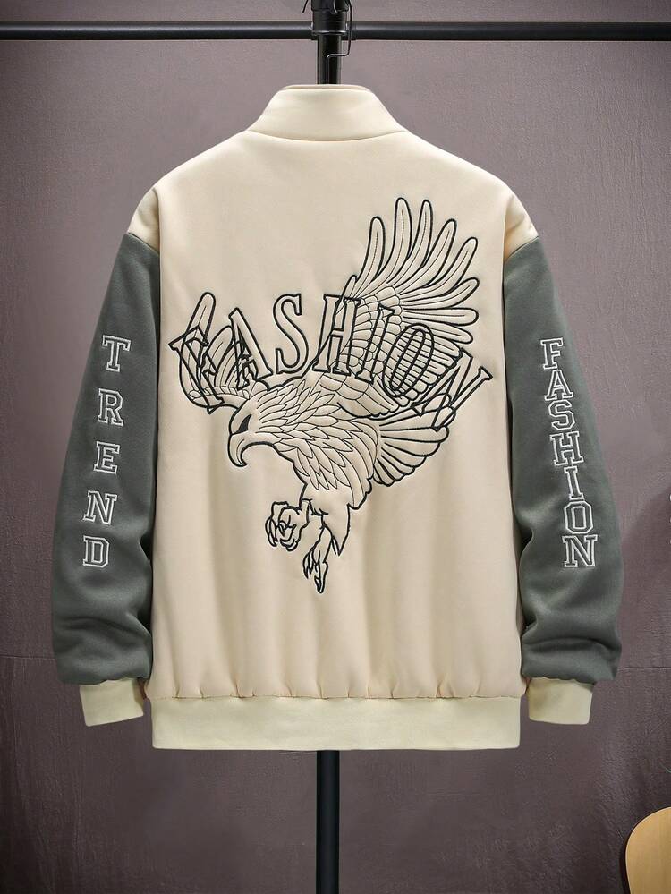 Men Letter & Eagle Embroidery Two Tone Bomber Jacket Without Tee