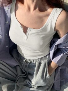 夏季针织上衣，修身版型，罗纹针织设计，韩系女团风格，女士款 - 白色 - 查看 4