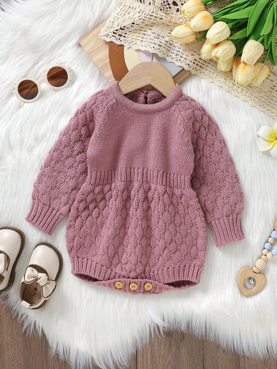 Baby Girl Raglan Sleeve Keyhole Back Knit Bodysuit - Pink - View 1