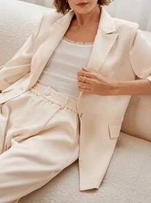 SHEIN Frenchy Women's Fashionable Solid Color Lapel Single-Breasted Blazer Winter Elegant - Apricot - View 5