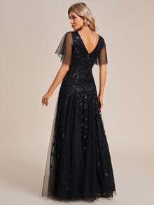 Elegant Flounce Sleeve Sequin Formal Dresses Evening Dress For Dinner Party Dress Wedding Guest Dress - Black - View 4