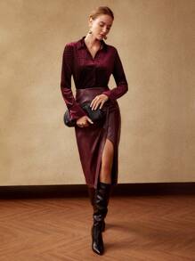 MOTF PREMIUM VELVET CROCODILE TEXTURED SHIRT, LONG SLEEVE TOP - Burgundy - View 4