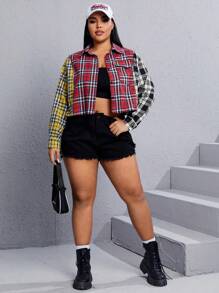 SHEIN EZwear Plus Plaid Print Colorblock Flap Pocket Crop Shirt - Multicolor - View 4