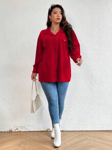 SHEIN LUNE Manteau en velours côtelé avec détail de rabat à épaule tombante, pour vêtements de Nouvel An, pour vêtements d'hiver et d'automne pour femmes - Rouge - Voir 4