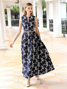 Floral Print Sleeveless Party Dress Without Belt Elegant Formal Evening Prom Wedding Guest Gown, For Graduation, Dinner