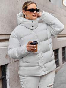 SHEIN Cottnline Plus Zip Up Hooded Puffer Coat - White - View 6