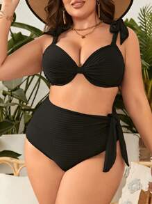 SHEIN Swim Curve Plus Knot Shoulder Push Up Bikini Set - Black - View 5