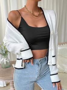 SHEIN Privé Contrast Binding Drop Shoulder Contrast Trim Cardigan - White - View 4