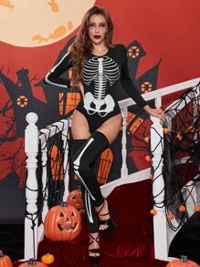 Skeleton Print Halloween Costume Bodysuit With 1pair Stocking - Black - View 3