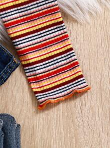 SHEIN Tween Girl Striped & Floral Embroidery Lettuce Trim Tee - Multicolor - View 3