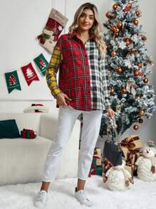 SHEIN Áo sơ mi trễ vai in họa tiết Tartan dành cho bà bầu - Nhiều màu - Xem 4