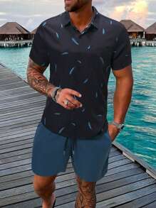 Manfinity Men Feather Print Shirt & Drawstring Waist Shorts - Multicolor - View 1