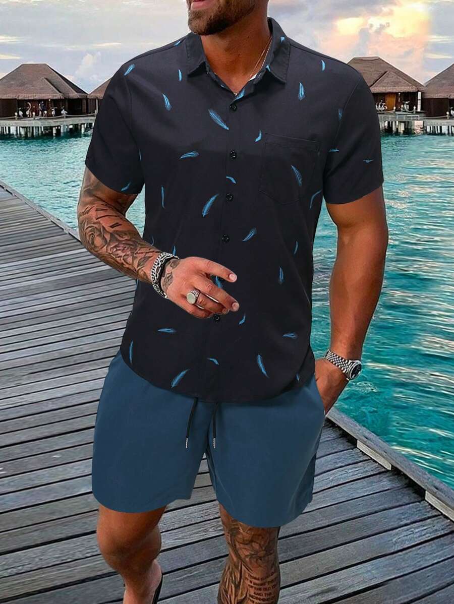 Manfinity Men Feather Print Shirt & Drawstring Waist Shorts - Multicolor - View 1
