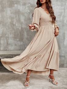 SHEIN LUNE 瑞士圆点荷叶边袖荷叶边下摆长款连衣裙女装