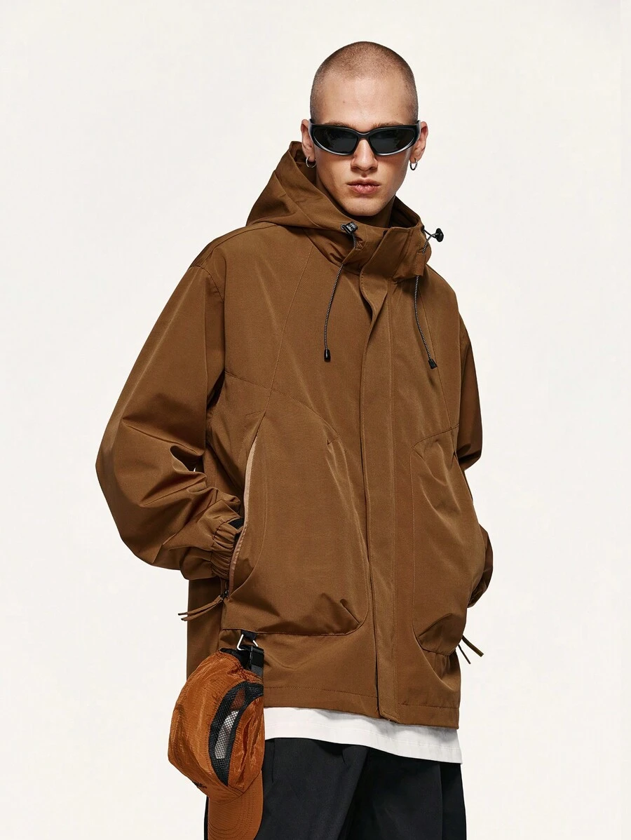 Nam 1 Miếng Dây kéo Dây rút áo có mũ Áo khoác - màu nâu - Xem 1