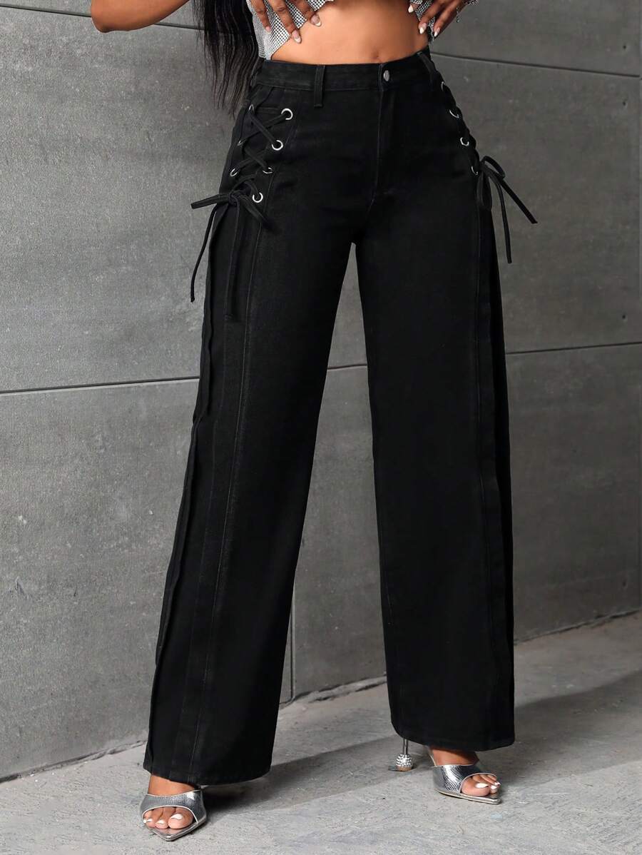 SHEIN Lace Up Side Wide Leg Jeans - Black - View 1