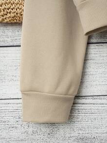 SHEIN Essnce 豹紋&字母圖案加絨內裏抽繩短款連帽衫 - 卡其色 - 查看 3