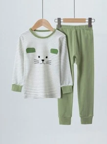 2 Stücke gestrickter Kleine Jungen Pyjama Set, Langarm Shirt & Hose mit Katzen Muster, Thermounterwäsche Anzug für Herbst/Winter