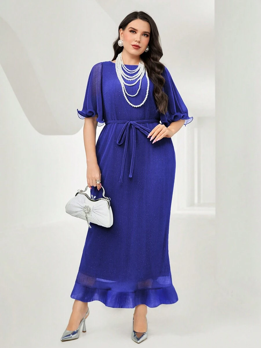 Modelyn Plus Solid Butterfly Sleeve Belted Dress - Royal Blue - View 1