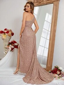 One Shoulder Split Thigh Sequin Formal Dress