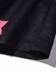 ROMWE MEN Prep Men Star & Letter Graphic Drawstring Waist Shorts, School - Black - View 3