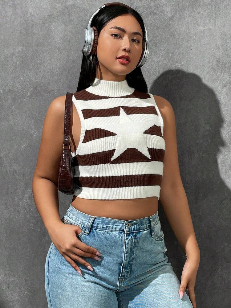 Plus Star Pattern Mock Neck Crop Knit Top