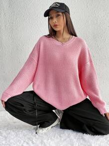 SHEIN Qutie Solid Drop Shoulder Waffle Knit Sweater - Pink - View 8