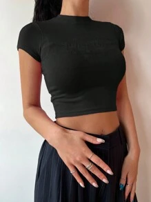 DAZY Đồ họa Chữ cái Áo phông Crop - màu đen - Xem 4