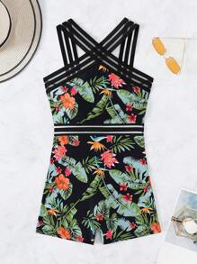 Swim Lushoire Women's Tropical Plant Print Halter Neck One-Piece Swimsuit With Shorts, Random Print - Orange - View 5