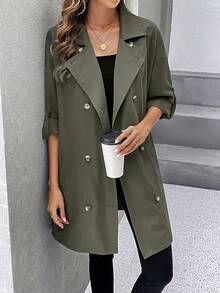 SHEIN LUNE 捲邊袖雙排釦風衣外套 - 墨綠色 - 查看 2