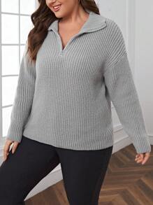 SHEIN Essnce Plus Quarter Zip Drop Shoulder Sweater - Light Grey - View 4
