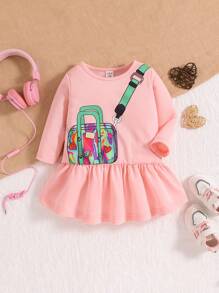 Bebé niña Vestido con estampado de bolso bajo con fruncido - Rosa - Ver 1