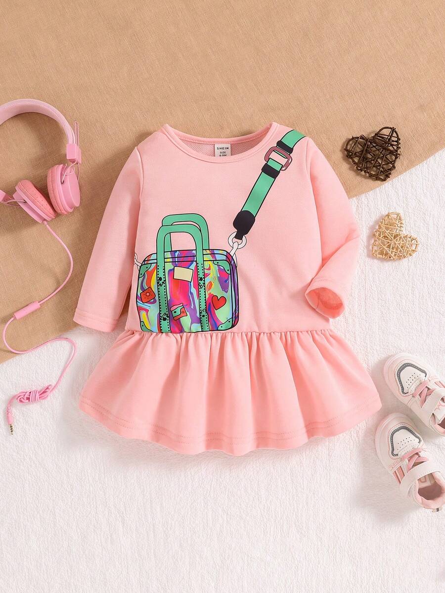 Bebé niña Vestido con estampado de bolso bajo con fruncido - Rosa - Ver 1