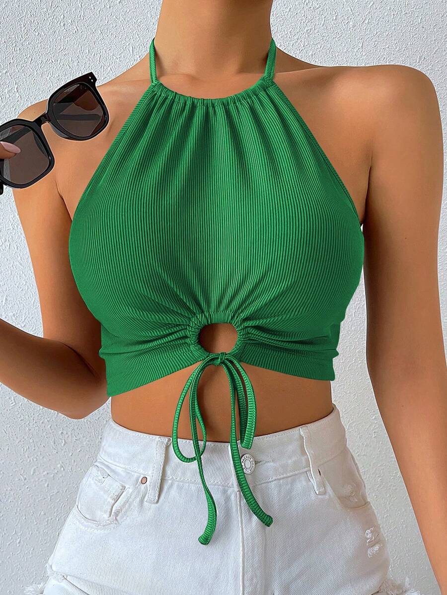 Chiquease Drawstring Front Tie Backless Crop Halter Top - Green - View 1