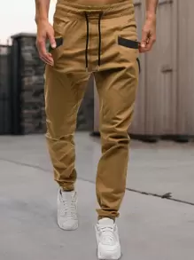 Manfinity Homme Pantalones De Carga De Cintura Con Cordón Para Hombres De Ajuste Holgado - Caqui - Ver 1