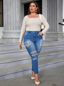 SHEIN Privé Plus High Waist Ripped Skinny Jeans - Dark Wash - View 6