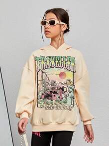 Teen Girl Car & Slogan Graphic Drop Shoulder Sweatshirt - Beige - View 4