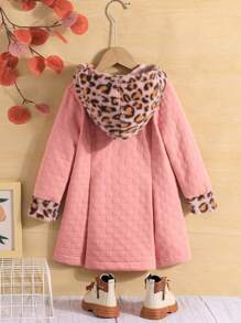SHEIN Young Girl 1pc Leopard Pattern Fuzzy Trim Hooded Coat - Pink - View 2
