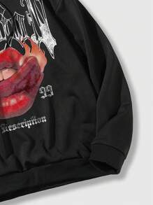 ROMWE MEN Grunge Punk Men Lip & Letter Graphic Drawstring Hoodie - Black - View 7