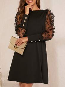 SHEIN Clasi Contrast Mesh Appliques Detail Dress - Black - View 5