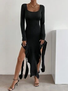 Chiquease Vestido de punto de cuello scoop ribete con fruncido de muslo con abertura - Negro - Ver 4