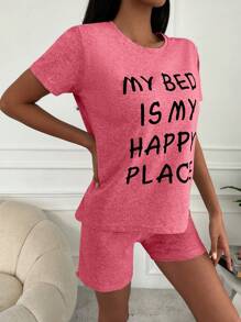 RueChic Slogan Graphic Tee & Shorts PJ Set - Pink - View 5