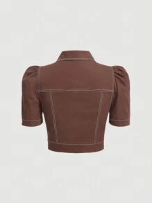 SHEIN MOD 頂針翻蓋口袋泡泡袖短夾克 - 駝色 - 查看 2