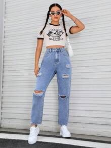 SHEIN EZwear Ripped Straight Leg Jeans - Medium Wash - View 3