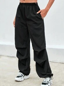 EURMUSE Solid Drawstring Waist Slant Pocket Pants - Black - View 5