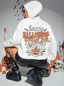 PUNK Halloween Print Drop Shoulder Hoodie - White - View 3
