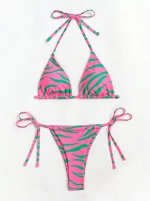 Bañador bikini triángulo halter de rayas de cebra - Verde - Ver 4